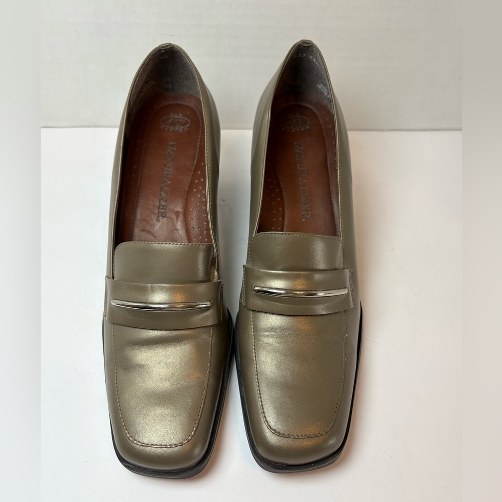 Vintage Naturalizer bronze gold leather square toe slip-on block heels size 8.5N